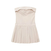 Beige Striped Strapless Corset Pleated Mini Dress